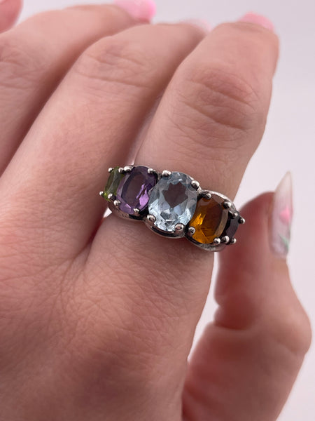 size 7.25 sterling silver faceted multi-gemstone ring