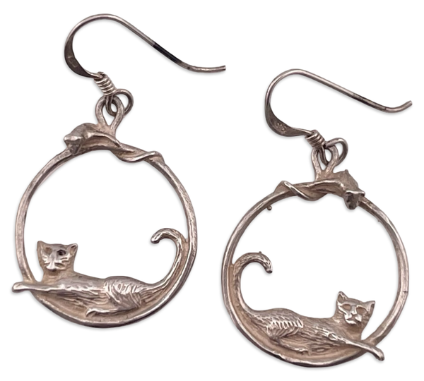 sterling silver cat and mouse hook dangle earrings