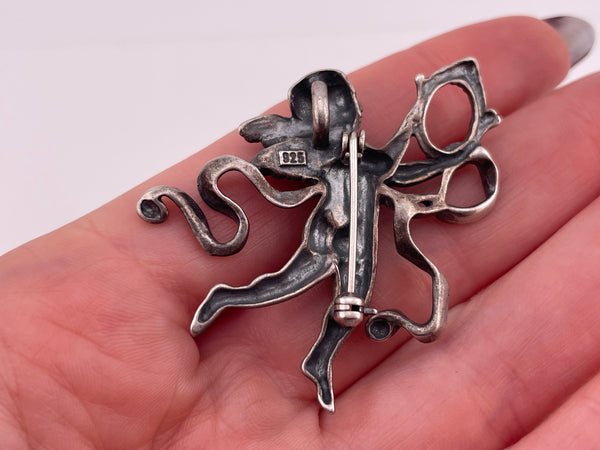 sterling silver cherub angel matte finish pendant brooch