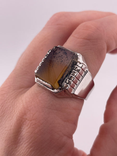 size 11 sterling silver rhodium plated Art Deco Montana agate ring