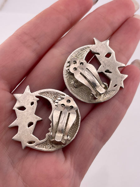 sterling silver man in the crescent moon stars matte finish clip-on earrings