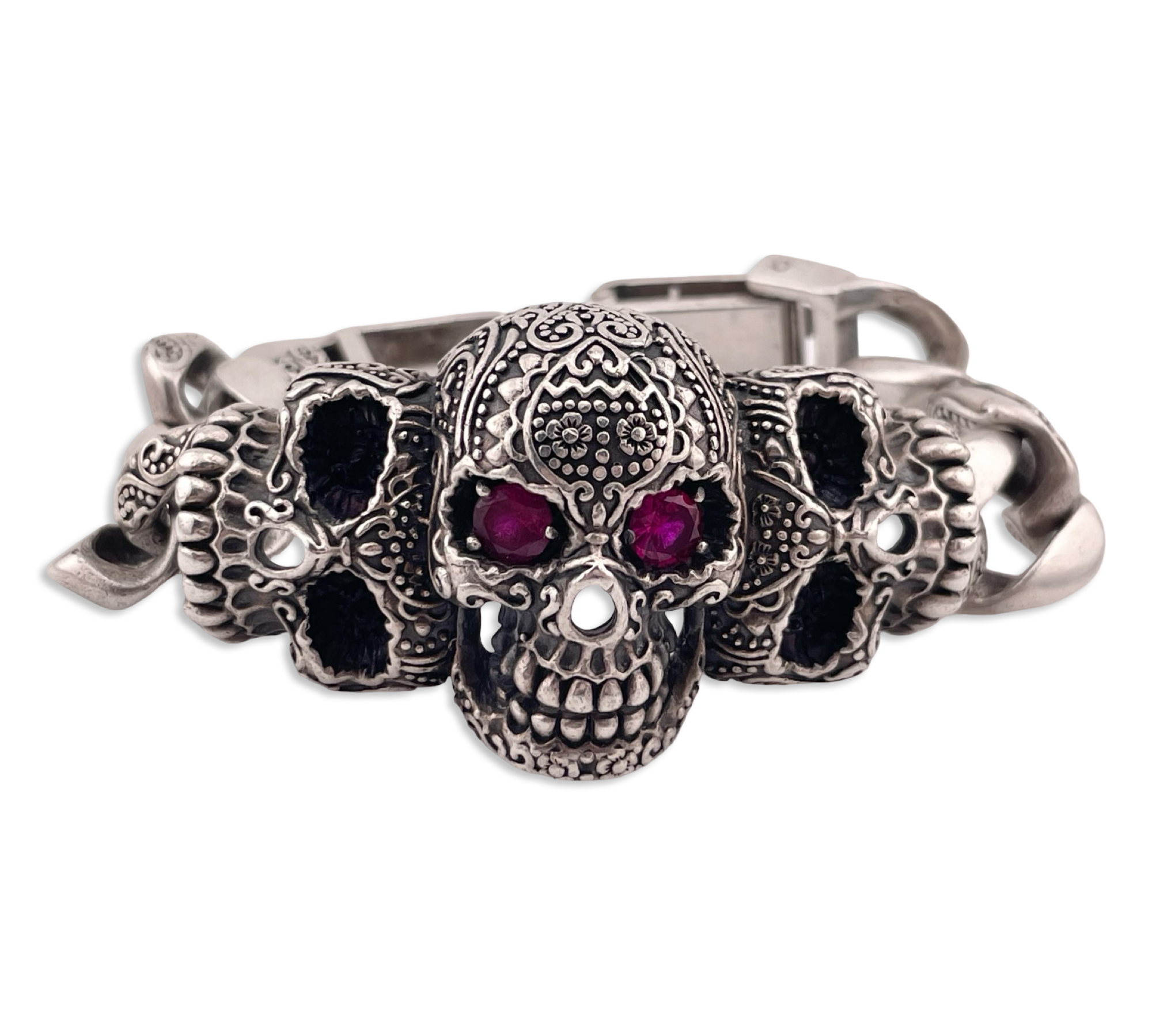 sterling silver chunky heavy skull lab ruby eyes link bracelet