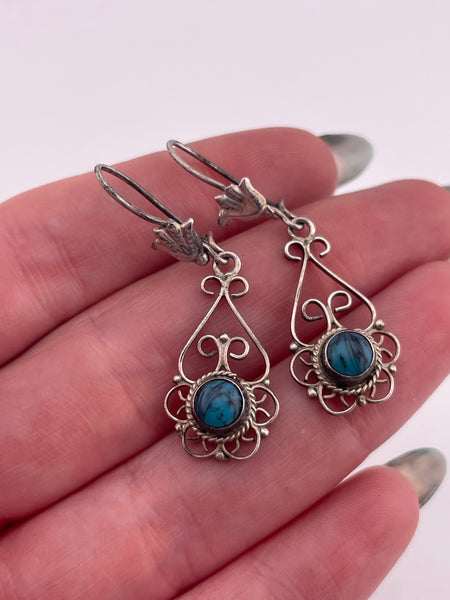 sterling silver synthetic turquoise ornate dangle earrings