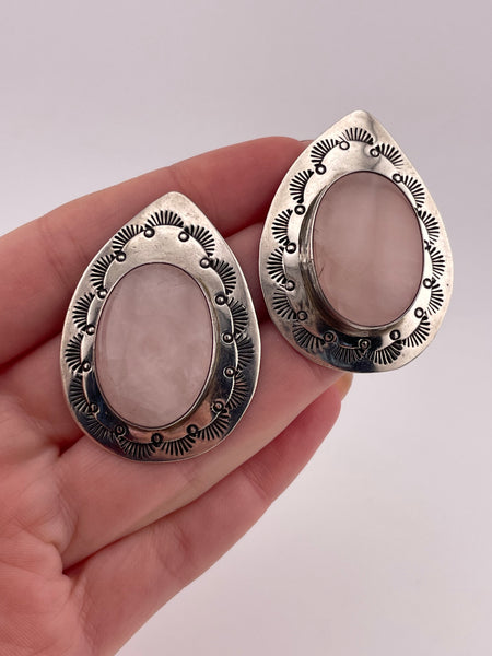 sterling silver rose quartz stamped post earrings