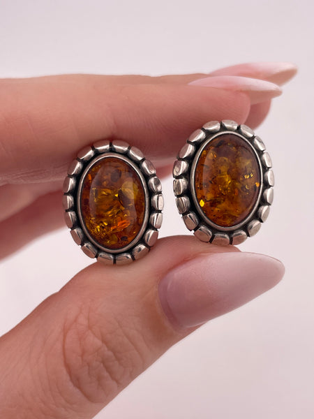 sterling silver oval amber post earrings