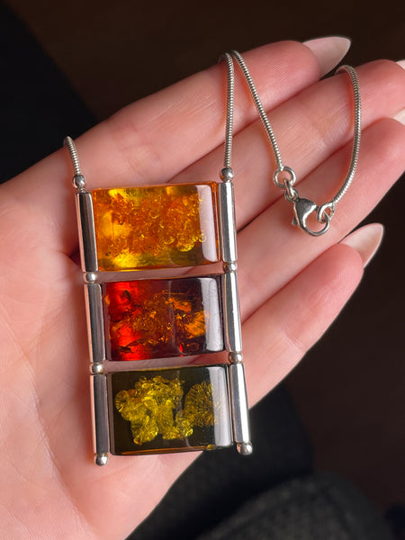 sterling silver 22-3/4" tri-color amber pendant necklace