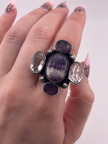 size 8 sterling silver raw amethyst faceted quartz ring