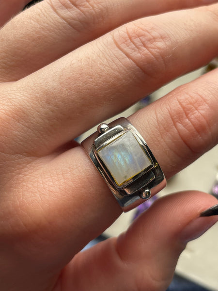 size 8.25 sterling silver rainbow moonstone wide band ring
