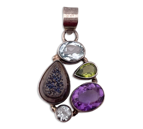 sterling silver faceted multi-stone druzy dublet pendant