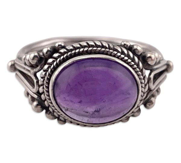 size 6.5 sterling silver dot & rope bezel amethyst ring