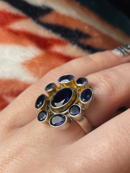 size 6.25 sterling silver gold wash faceted iolite cluster ring