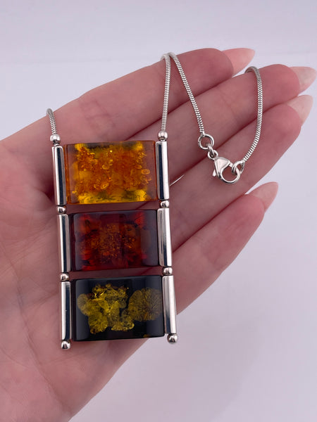 sterling silver 22-3/4" tri-color amber pendant necklace