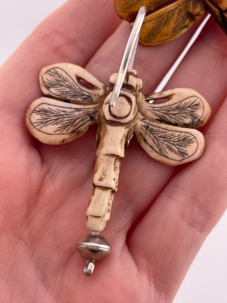 sterling silver large carved material dragonfly dangle earrings