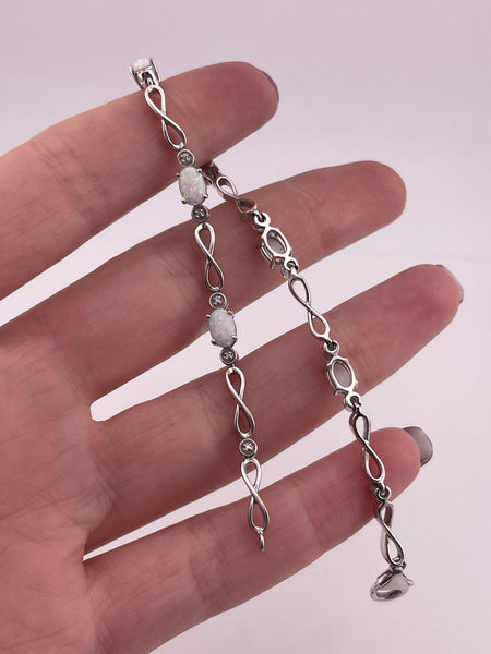 sterling silver 7-1/2" rhodium plated faux opal chip diamond link bracelet