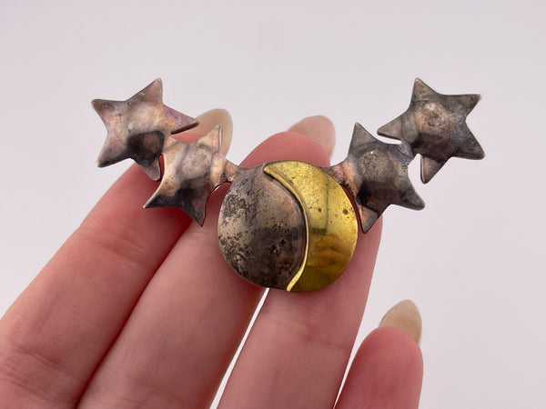 sterling silver & brass celestial stars & moon pin brooch