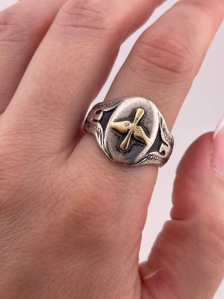 size 10.25 sterling silver & 14k gold eagle signet ring **AS IS**