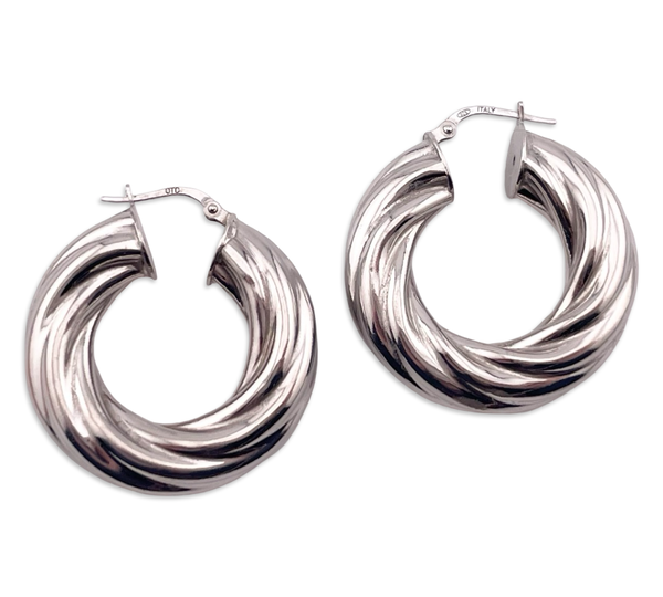 sterling silver chunky 1-3/16" rhodium plated puffy cable hoop earrings