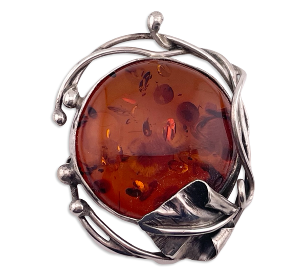 sterling silver round amber leaf brooch pin