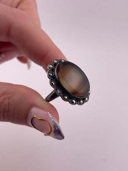 size 6 sterling silver Uncas Art Deco Montana agate marcasite ring
