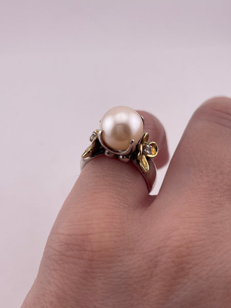 size 5 sterling silver & 18k gold Ann King gold pearl white topaz flower ring