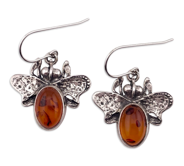 sterling silver amber bee dangle earrings