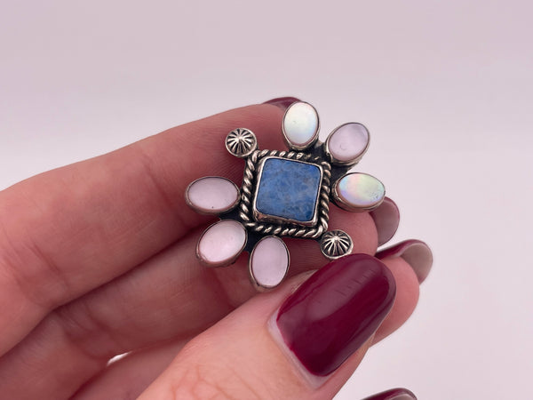 sterling silver mother of pearl denim lapis brooch pin