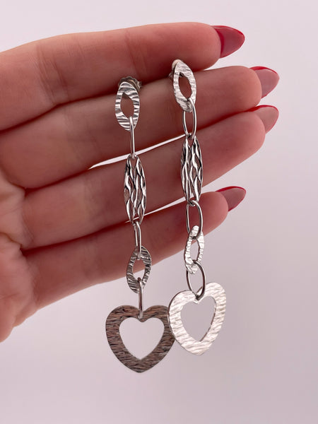 sterling silver textured dangle heart post earrings