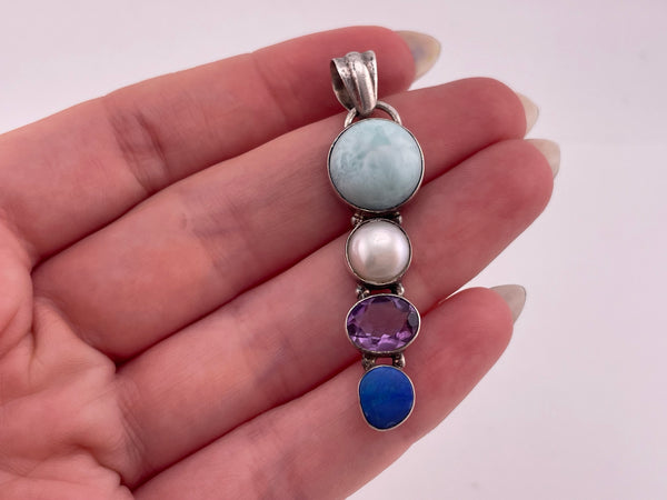 sterling silver larimar pearl faceted amethyst opal pendant