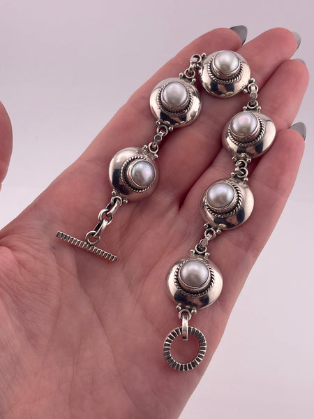 sterling silver 7-1/2" pearl link bracelet