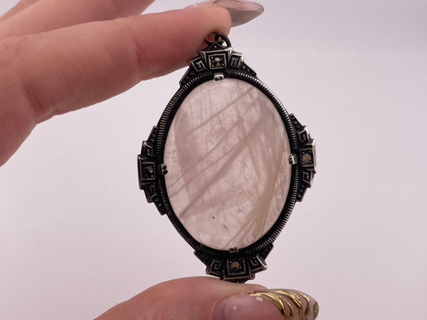 sterling silver large rose quartz & marcasite pendant