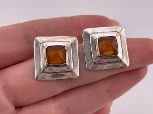 sterling silver beveled square amber post earrings