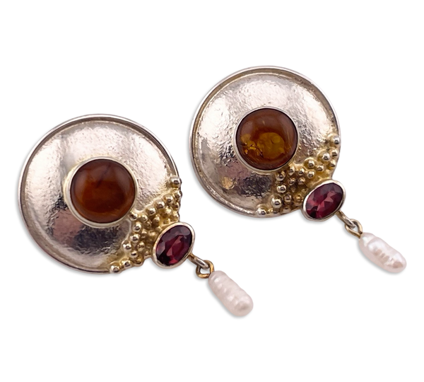 sterling silver gold wash amber faceted garnet pearl post earrings