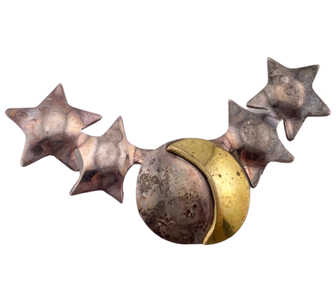 sterling silver & brass celestial stars & moon pin brooch