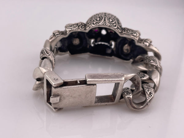 sterling silver chunky heavy skull lab ruby eyes link bracelet
