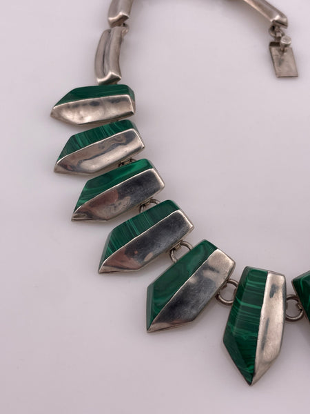 sterling silver Mexican modern 110 gram malachite statement necklace