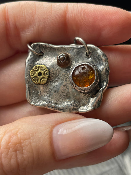 sterling silver, brass, & copper artisan Sherry Tinsman amber necklace