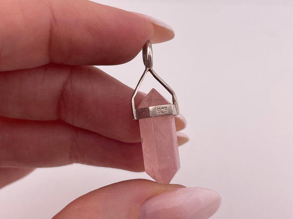 sterling silver rose quartz crystal point pendant
