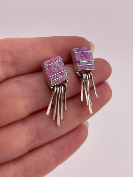 sterling silver pink green rectangle lab opal inlay fringe post earrings