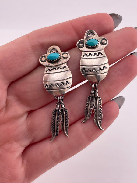 sterling silver turquoise stamped feather dangle post earrings