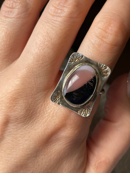 size 9.5 sterling silver pink black glass adjustable band ring