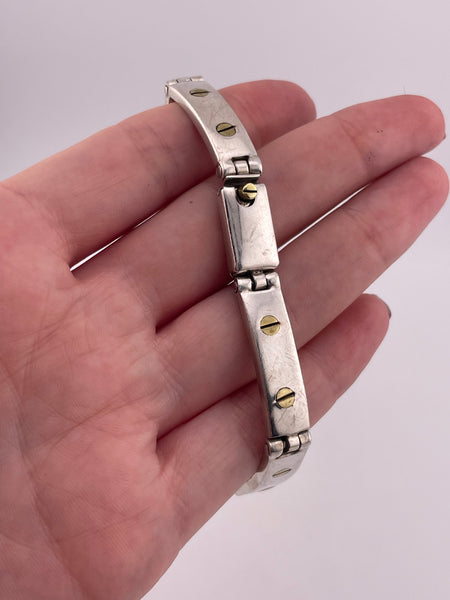 sterling silver & brass chunky nail head style panel link bracelet