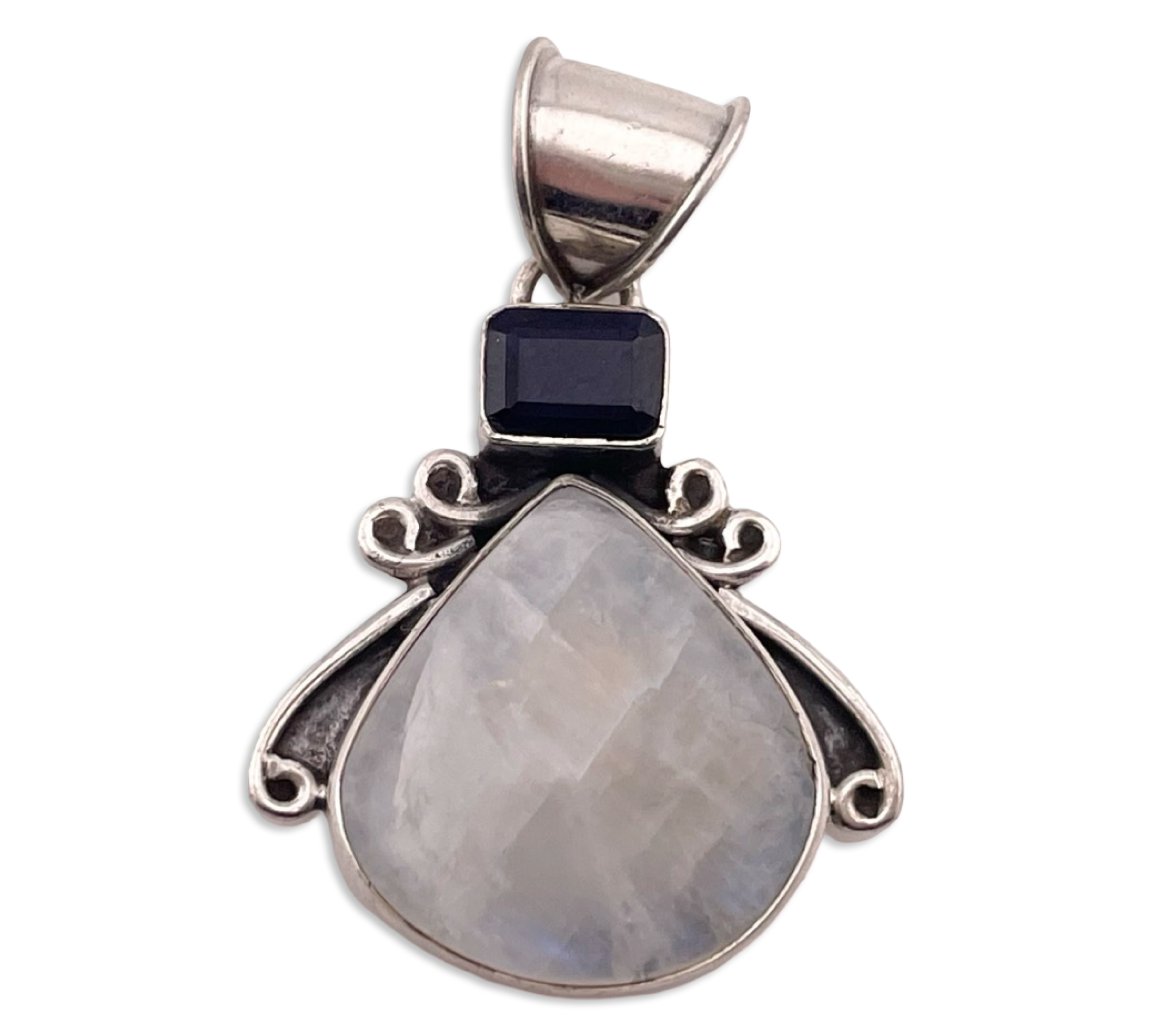 sterling silver rainbow moonstone faceted purple glass pendant