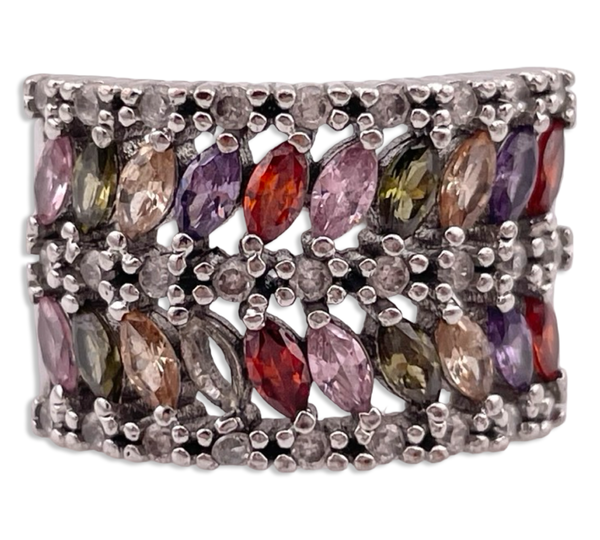 size 7 sterling silver rhodium plated faceted glass rhinestone ring ***AS IS***