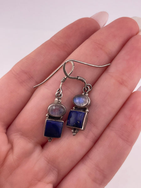 sterling silver lapis & rainbow moonstone dangle earrings