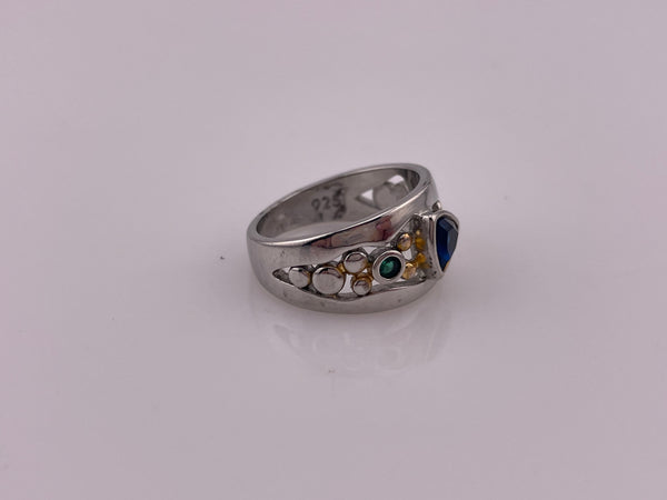 size 6.75 sterling silver gold wash faceted blue green glass ring