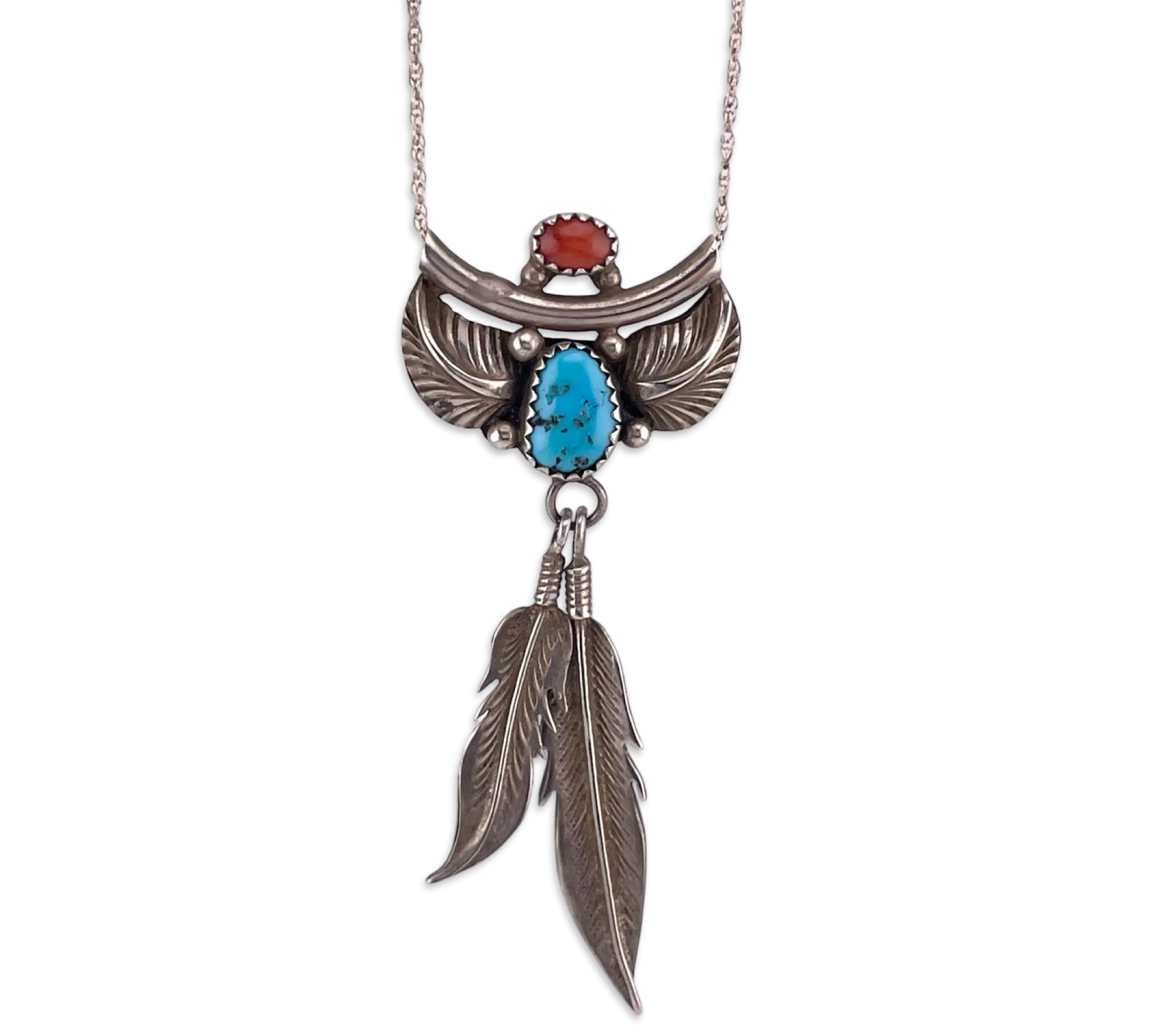 sterling silver 16-1/2" turquoise coral feather necklace