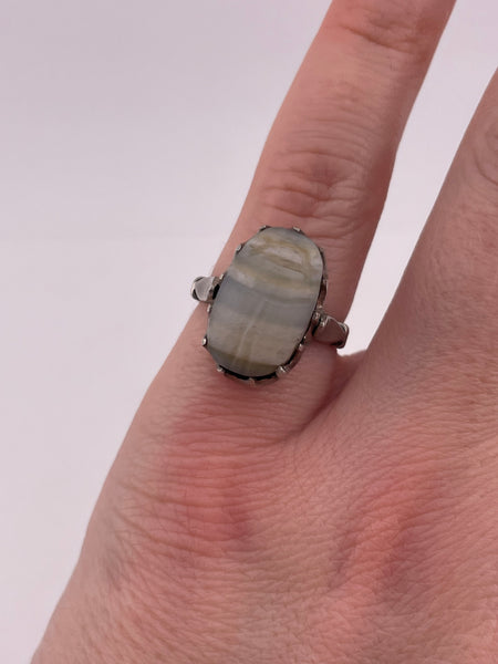 size 5 800 silver carved agate scarab ring ***cut band***