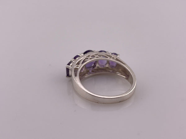 size 8.25 rhodium plated sterling silver five stone faceted amethyst row ring