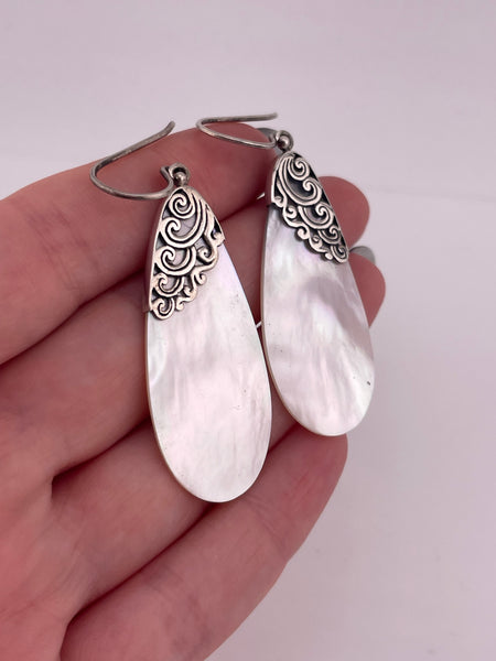 sterling silver 2-3/8" swirl mother of pearl hook dangle earrings