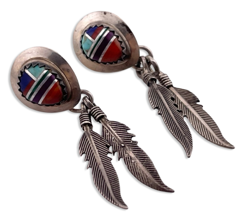 sterling silver multi-stone inlay feather post dangle earrings